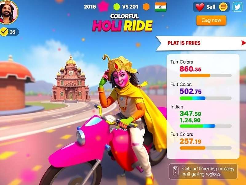 Colorful Holi Ride gameplay screenshot showing vibrant festival colors